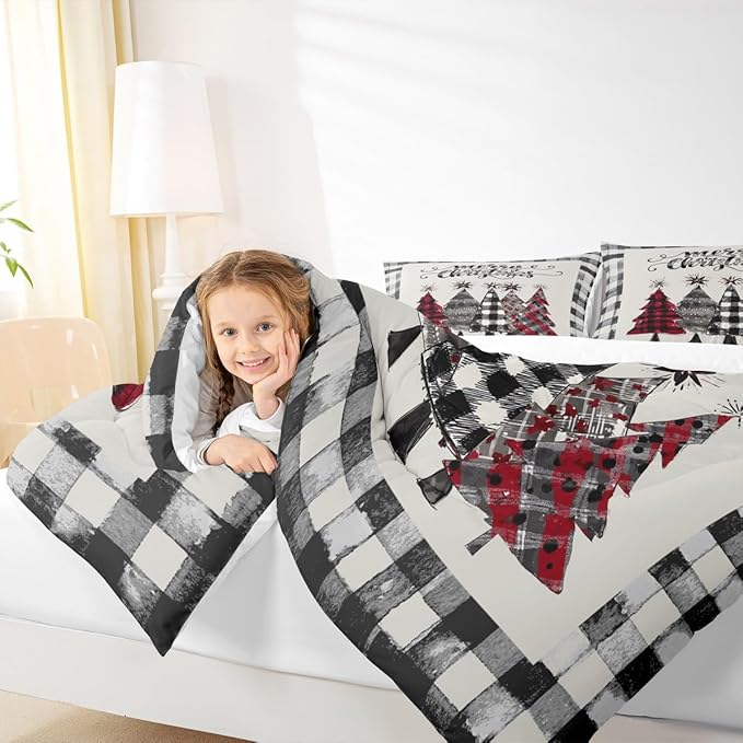 Christmas Trees Kids Comforter Set Full Size,Geometric Grids Ink Tie-dye Bedding,Girls Boys Adults Bedroom/Xmas Cabin Decor,Rustic Vintage Down Comforter,Black Grey Retro Duvet Insert,2 Pillowcases