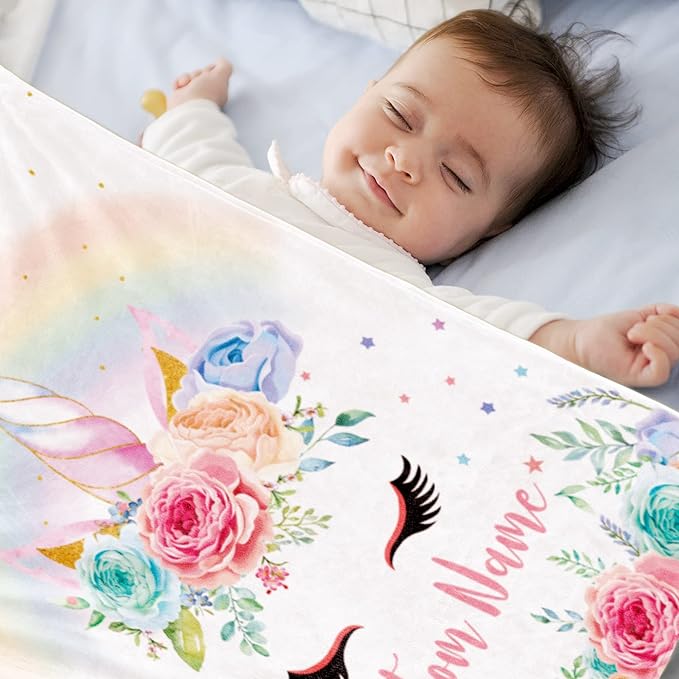Personalized Unicorn Blanket Name Girl, Custom Name Blanket Kids, Soft Flannel Pink Unicorn Toddler Blanket Customized Gift Birthday Christmas Baby Shower Newborn Gift 30''x40''