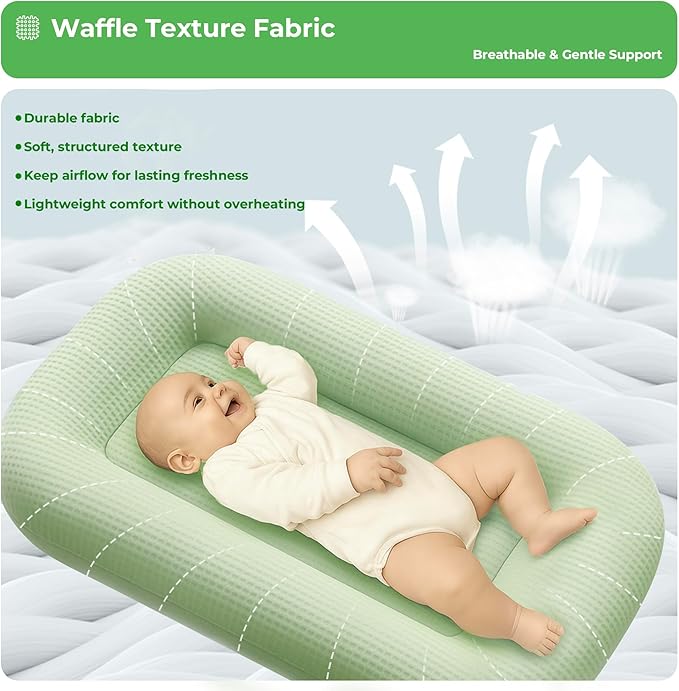 Baby Lounger for Newborn - Infant Lounger 0-24 Months with Lounger Cover, Cooling Baby Nest Lounger, Breathable Waffle Fabric & 3D Support, Portable Newborn Essentials, Green