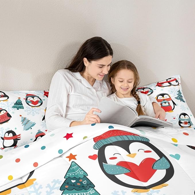 Christmas Tree 3 Pcs Queen Size Comforter Set,Winter Snowflake Happy Xmas Theme Down Alternative Adults Room Decor,Cartoon Penguin Ultra Soft Microfiber Inner Fill 3Pcs Bedding