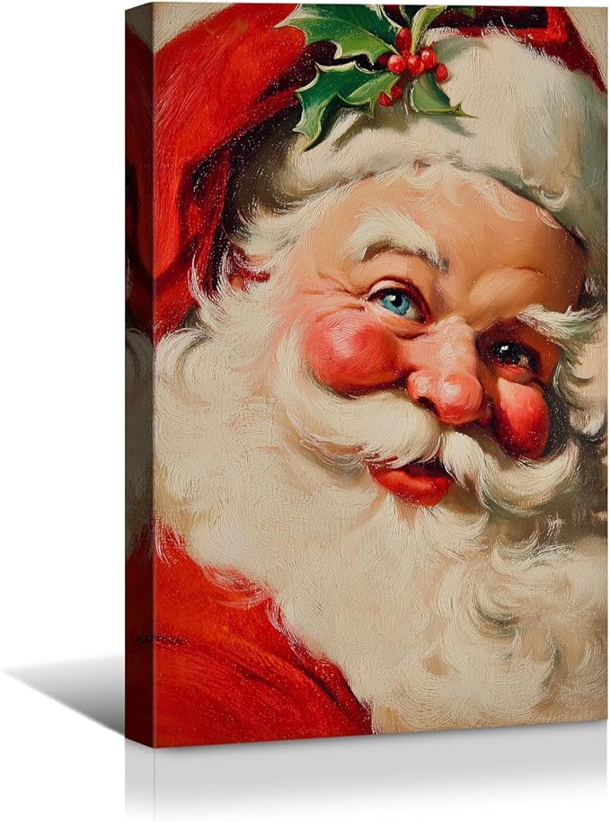 YONICA Christmas Canvas Wall Art Classic Santa 36x46 Inch Traditional Oil Painting Portrait - Large Framed Gallery Wrapped Living Room Art