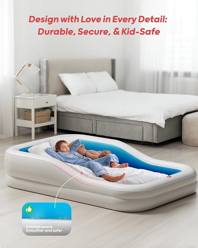 QPAU Inflatable Toddler Travel Bed with 3-Sided Safety Bumpers, Extra Large Kids Air Mattress, Includes Detachable Mattress, Portable for Camping, Travel, Home Use (Blue)