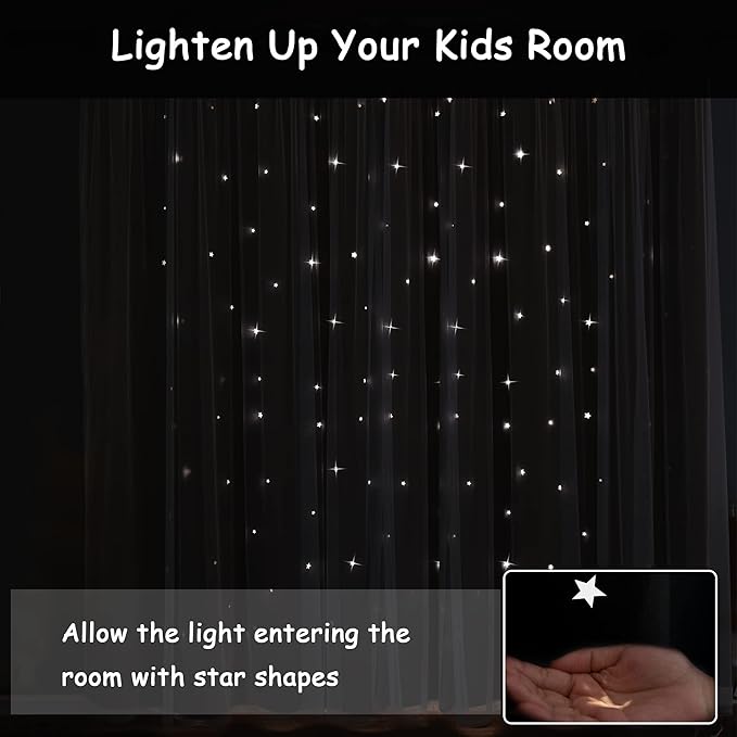 Kinryb Black Star Cutout Blackout 84 Inches Curtains Double Layer with Sheer Overly Curtains for Bedroom Thermal Insulated Window Treatment Set with 2 Free Tiebacks (52W x 84L 2 Panels Black)