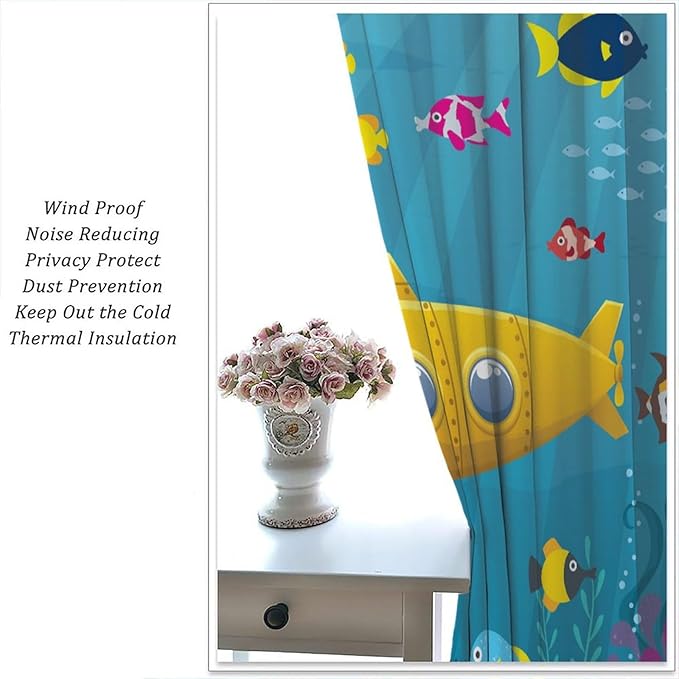Boy Window Curtains Submarine Window Drapes Yacht Window Treatments Underwater World Oasis Thermal Drapes for Kids Girls Toddler Teens Room Dorm Decor Set 2 Panels,42x45 Inches