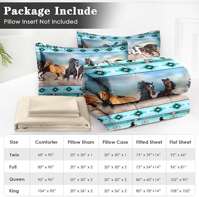 7 Pcs Full Size Comforter Set with 2 Pillowcases & 2 Shams, Horses Western Bedding for Kids and Adults, Tribal Sunset Run Bed in a Bag with Flat Fitted Sheet