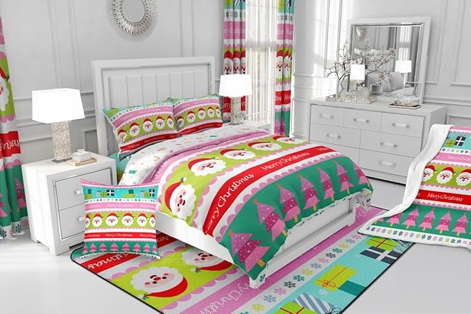 Feelyou Merry Christmas Comforter Set Toddler Size Santa Claus Bedding Set for Kids Boys Girls Xmas Tree Snowflake Duvet Quilt Striped Bedroom Decor Microfiber 2 Pcs with 1 Pillow Cases