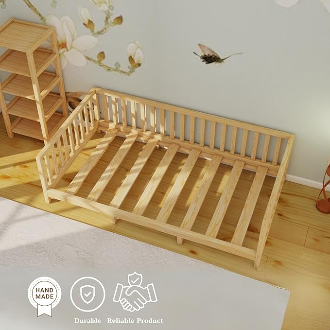 Montessori Floor Bed Designed with Open Front and Footed Model for Girls and Boys | Pine Wood Natural Solid Frame Beds with Slats | Sturdy Designed Floor Bed Frame for Kids (Full, Height : 23 Inches)
