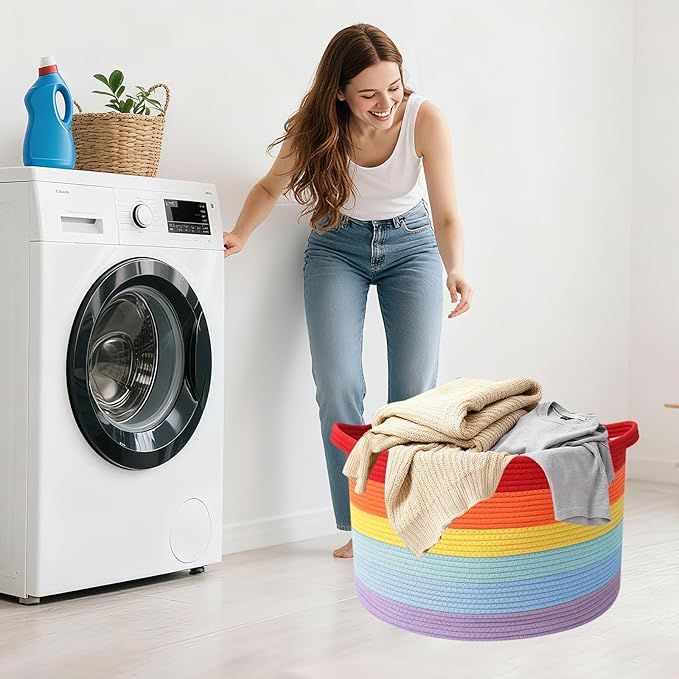 Large Blanket Basket for Organizing,65L Closet Organizers and Storage Bins Box for Shelves Woven Rope Storage Baskets,Living Room,Bedroom,Dorm,Laundry room (Rainbow)