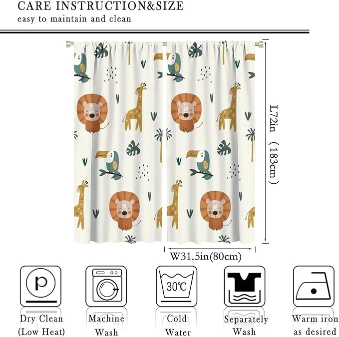 Cute Lion Window Curtains for Kids Bedroom,Cartoon Woodland Jungle Forest Wildlife Little Lion Giraffe Owl Palm Tree Printed Pattern Blackout Drapes for Living Room Baby Nursery Room 63x72in