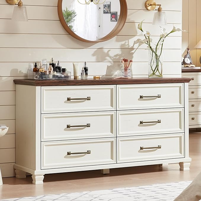 Farmhouse Bedroom Dresser and Nightstand Set of 4, 6 Drawer Tall & Low Dresser & 3 Drawer Nightstand Set with Wooden Legs, Rustic Wood Furniture Sets for Bedroom, Hallway, White