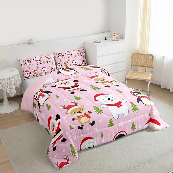 Feelyou Pink Christmas Bedding Set Soft for Boys Girls, Santa Claus Comforter Set Queen Size Penguin Deer Duvet Quilt Microfiber Xmas Snowflake Tree Bedroom Decor 3 Pcs with 2 Pillow Cases