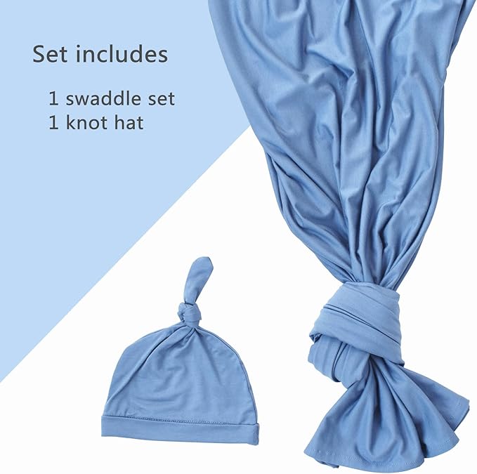 Newborn Swaddle Blanket with Hat Set Baby Swaddle Set Hospital Receiving Blankets for Girls Boys(Steel Blue,35"*35")