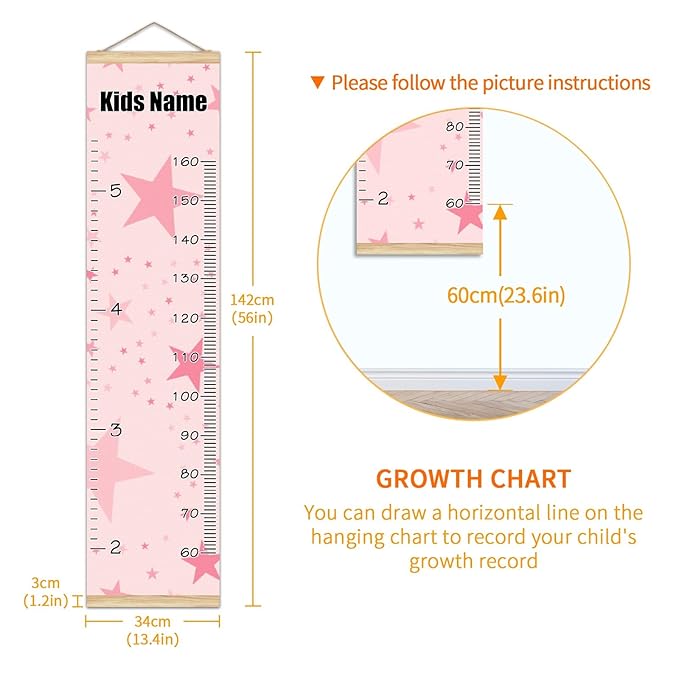 Personalized Kids Name Growth Chart Ruler for Wall Wood Frame Height Measure Chart 13.4x56 in Linen Hanging Height Growth Chart Pink Stars Kids Room Decor