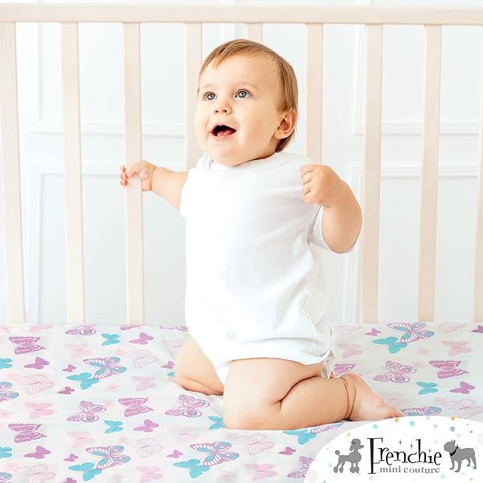 Frenchie Mini Couture, Fitted Pack n Play Sheets, 2 Pack, 100% Woven Cotton, Pack and Play Mattress Sheets, Fits Most Mini Crib & Playard, 27 x 39 x 4in, Butterfly