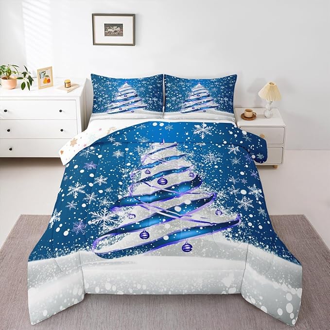 Feelyou Merry Christmas Kids Comforter Set Queen Size Christmas Tree Bedding Set Snowflake Duvet Quilt for Kids Boys Girls Bedroom Winter Decor Microfiber Ultra Soft Breathable