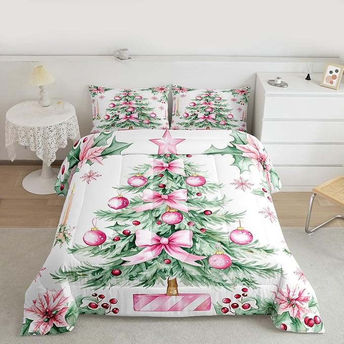 Feelyou Pink Christmas Comforter Set Toddler Size Xmas Tree Bedding Set for Kids Boys Girls Xmas Ornaments Duvet Quilt Snowflake Bow Bedroom Decor Microfiber 2 Pcs with 1 Pillow Cases