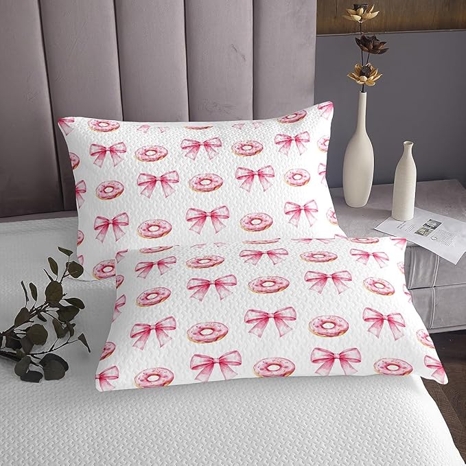 Pink Bowknot Kids Bedspread King Size,Donut Dessert Cartoon Food Toddler Coverlet Set,Girls Women Room Decor,Bow Tie Knot Princess Style Quilted Coverlet,Cute Fashion Bedding Quilt,2 Pillowcases
