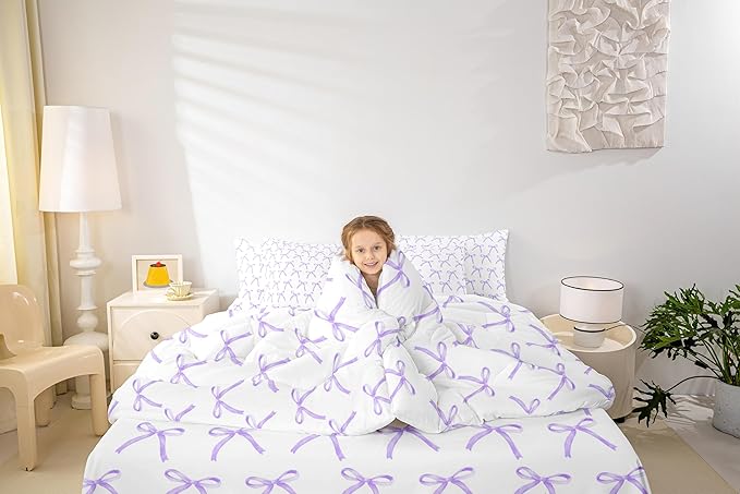 Manfei 7 Pieces Cartoon Bowknot Kids Comforter Twin Size,Bow Tie Knot Princess Girls Bedding Set,Cute Bow Sketch Geometric Purple Romantic（Comforter+Fitted+Flat+2 Pillowcases+2 Throw Pillow Covers）