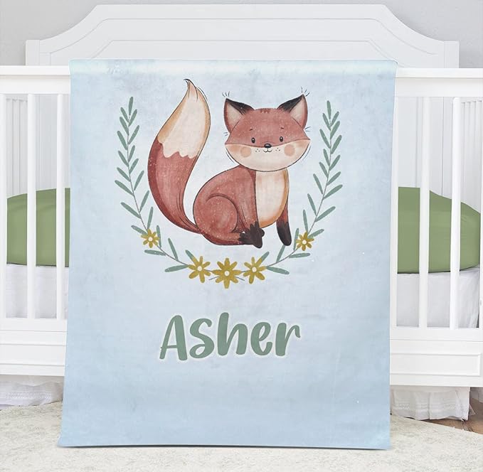 Cute Fox Blue Personalized Receiving Sherpa Fleece Baby Blankets for Girls Boys Kids, Swaddle Blankets Gift for Newborn Crib Infants 30x40 Inches