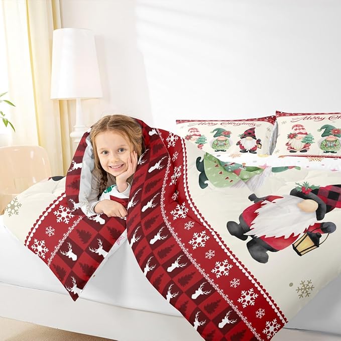 Merry Christmas Kids Comforter Set Full Size,Deer Antler Santa Claus Bedding,Girls Boys Adults Bedroom/Xmas Cabin Decor,Snowflake Pine Trees Plaid Down Comforter,Rustic Duvet Insert,2 Pillowcases