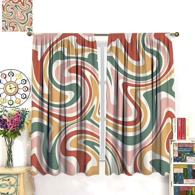 70S Abstract Wavy Swirl Curtain for Bedroom Windows,Retro Boho Minimal Teen Girls Kids Living Room Restroom Window Treatments Drapes 42"" W X 54"" L, Style-4