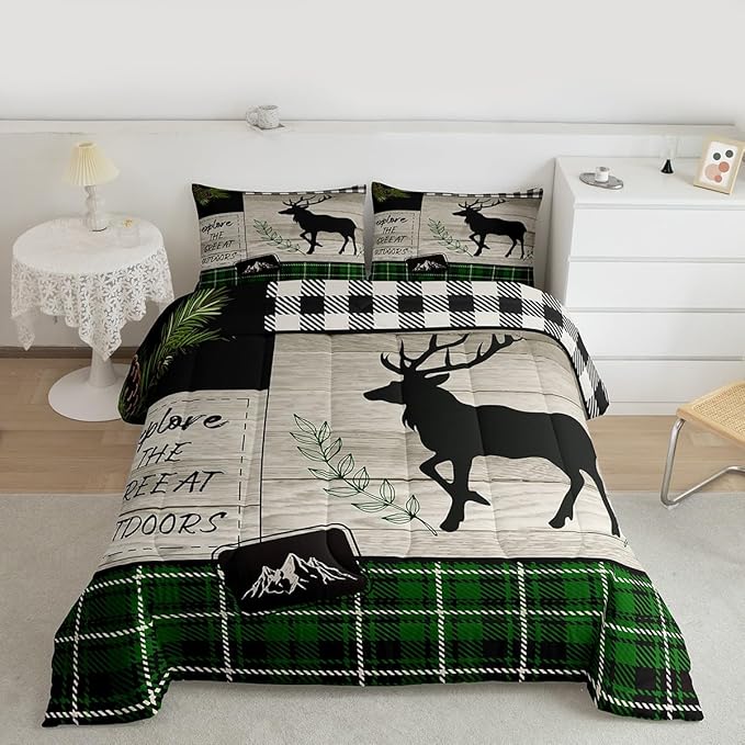 Elk Silhouette Kids Comforter Set Full Size,Palm Leaves Old Plank Bedding,Girls Boys Adults Bedroom/Xmas Cabin Decor,Camper Explore Down Comforter,Geometric Grids Plaid Duvet Insert,2 Pillowcases