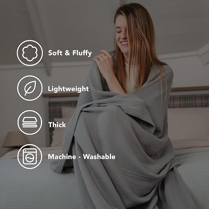 Goqan Throw Blanket 55x60 – 100% Cotton 4 Layer Boho Muslin Blanket for Adults, Lightweight, Soft, Breathable for Bed, Couch, Picnic - Light Grey
