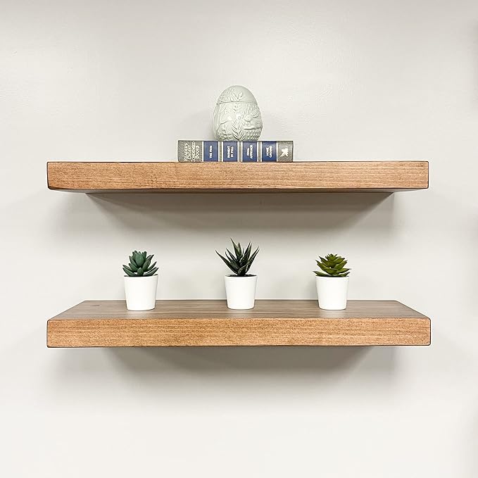 URBANDI, Rustic Floating Shelves, Set of 2, Hidden Bracket, Solid Wood, Heavy Duty, Wall Mounted Shelves, (Brown, 12Wx6D)