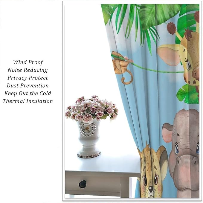 Kids Animals Blackout Curtains Watercolor Cartoon Cute Animals Green Jungle Art Printed for Children Girls Boys Bedroom Nursery Rod Pocket Decoration Window Drapes 2 Panels W21xL54in