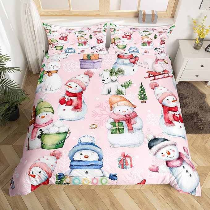 Manfei Christmas Duvet Cover Set Queen Size, Cute Snowman Dogs Snowflake Comforter Cover with 2 Pillowcases, New Year Pink Bedding Set 3pcs for Kids Boys Girls Lightweight Bedspread Cover,No Comforter