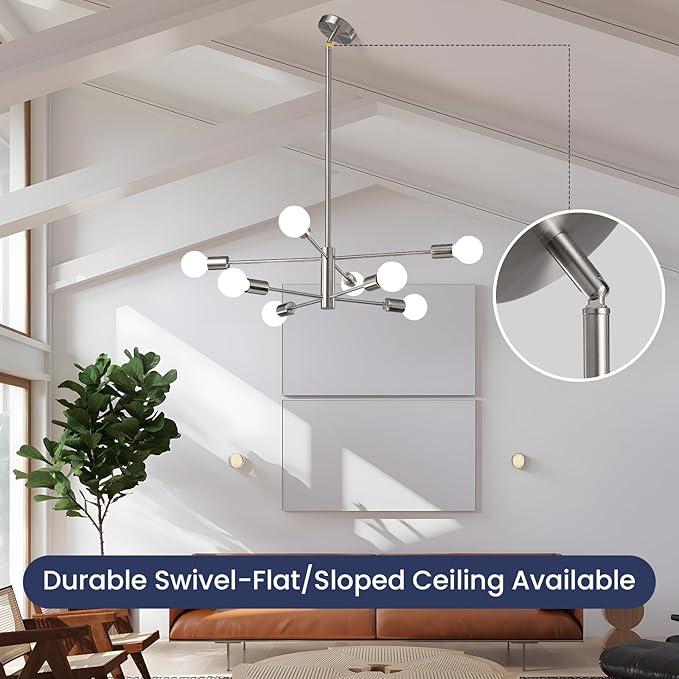 Modern Sputnik Chandeliers Light, 8 Lights Brushed Nickel Dining Room Chandelier Over Table, E26 Mid Century Ceiling Light Fixtures Height Adjustable Hanging Pendant Lighting for Entryway Foyer