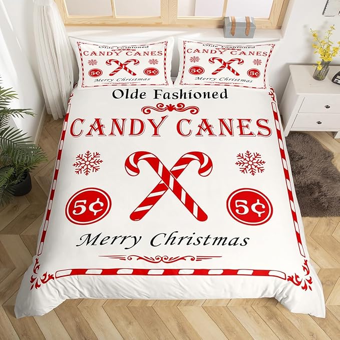 jejeloiu Christmas Bedding Set for Kids Boys Girls Christmas Quote Comforter Cover Set Twin Size Candy Canes Print Duvet Cover Bedroom Decor Xmas White Bedspread Cover Bedding Collection 2Pcs
