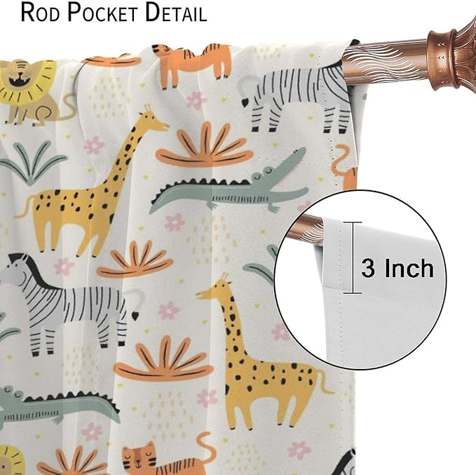 Wild Animals Curtains, Cute Cartoon Animals Zoo with Lion Zebra Crocodile Cat and Giraffe Tropical Jungle Plant Print Window Treatments for Kids Boys Girls Bedroom Living Room 63x63in