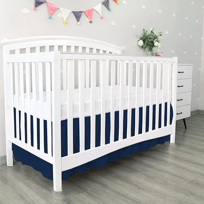 100% Egyptian Cotton, Nursery Crib Toddler (24" x 38" + 10") 800 Thread Count Crib Skirt Dust Ruffle, Bedding Skirts for Baby Boys or Girls, 10" Drop, Navy Blue Solid