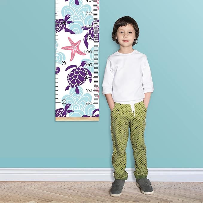 Personalized Kids Name Growth Chart Ruler for Wall Wood Frame Height Measure Chart 13.4x56 in Linen Hanging Height Growth Chart Sea Turtle Starfish Coral Kids Room Decor