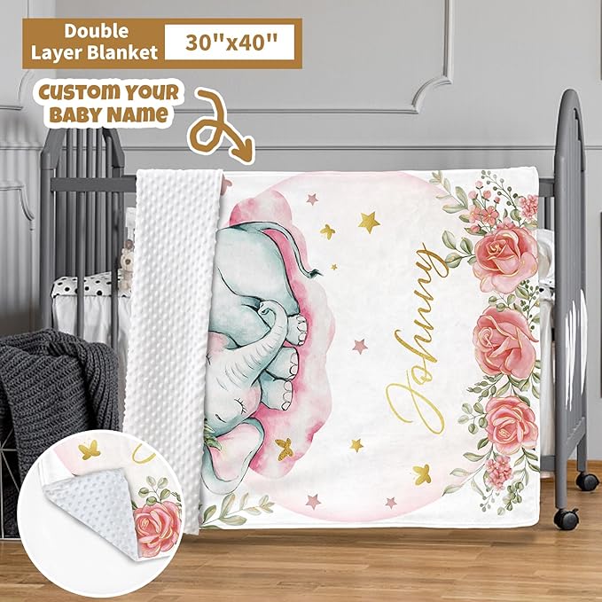 Custom Baby Crib Bedding Set, 3 Pcs Personalized Nursery Bedding Set with Name, Soft Baby Bedding Crib Sets with Blanket - Toddler Crib Sets for Girls Boys, Infant Newborn Gifts, Pink Elephant