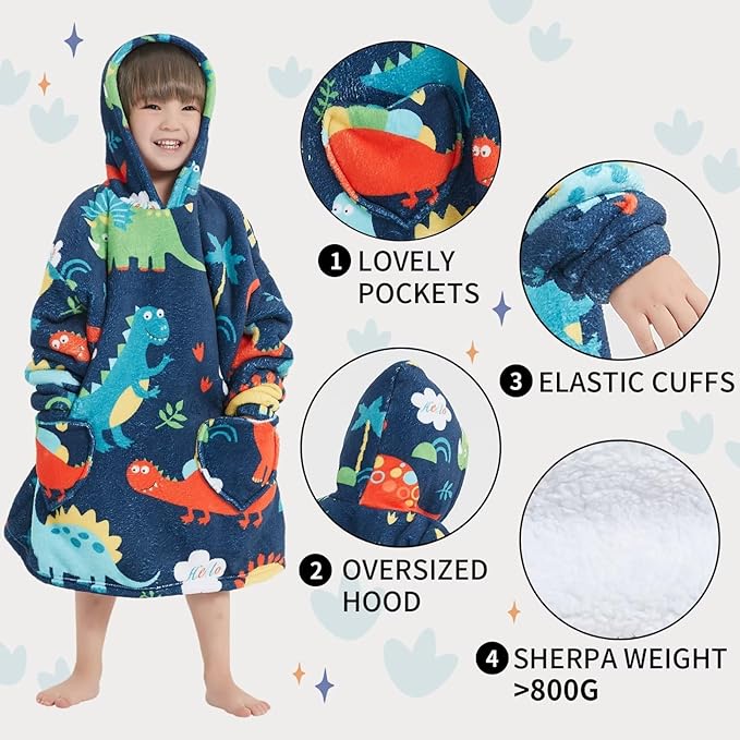 Fiosnow Dinosaur Blanket Hoodies for Kids Toddler 2-6YR Oversize Wearable Blanket Hoodies for Boys Girls