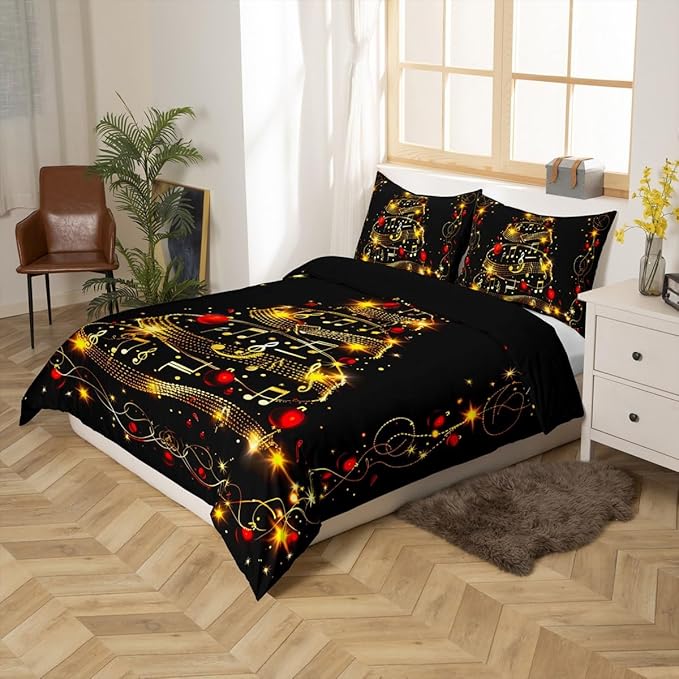 Manfei Christmas Tree Duvet Cover Set Twin Size, Gold Musical Note Print Bedding Set 2pcs for Kids Boys Girls Bedroom Decor, New Year Theme Xmas Holidays Comforter Cover with 1 Pillowcase,No Comforter
