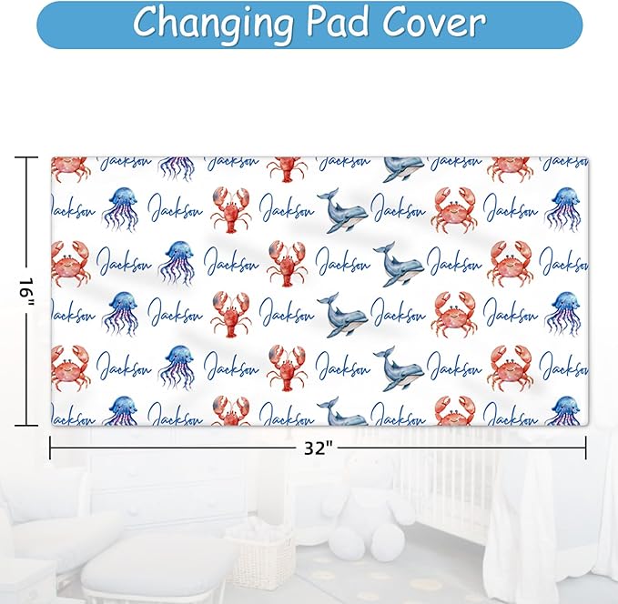 Custom Baby Crib Bedding Set, 5 Pcs Personalized Baby Crib Set with Name, Ocean Animals Design Nursery Bedding Sets, Toddler Bedding Set, Newborn Infant New Parents Customized Gift