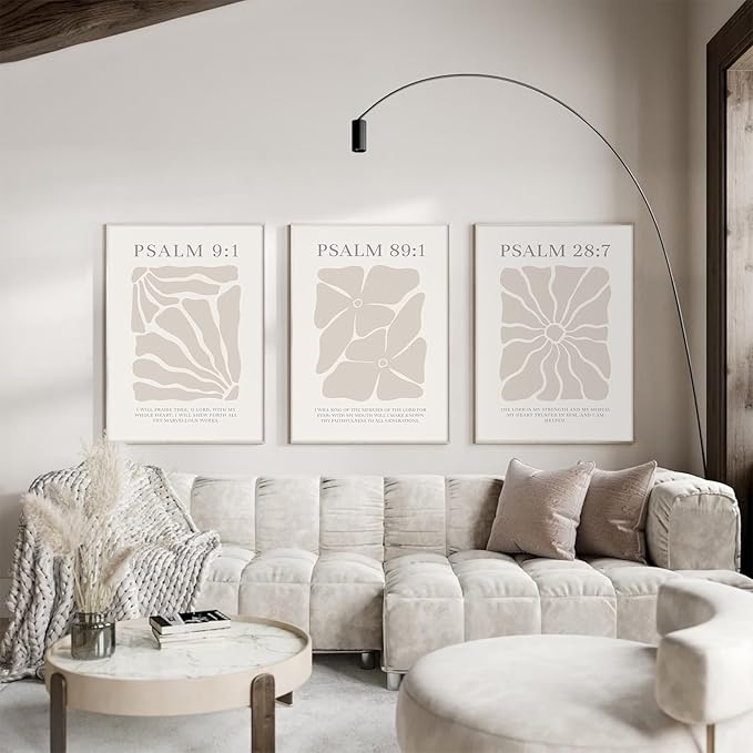Joocrise Scripture Christian Wall Art Set of 3 Beige Bible Verses Wall Decor Neutral Psalm Canvas Wall Art Modern Pictures Flower Prints Christian Artwork for Living Room Bedroom 24x36 Inch Unframed