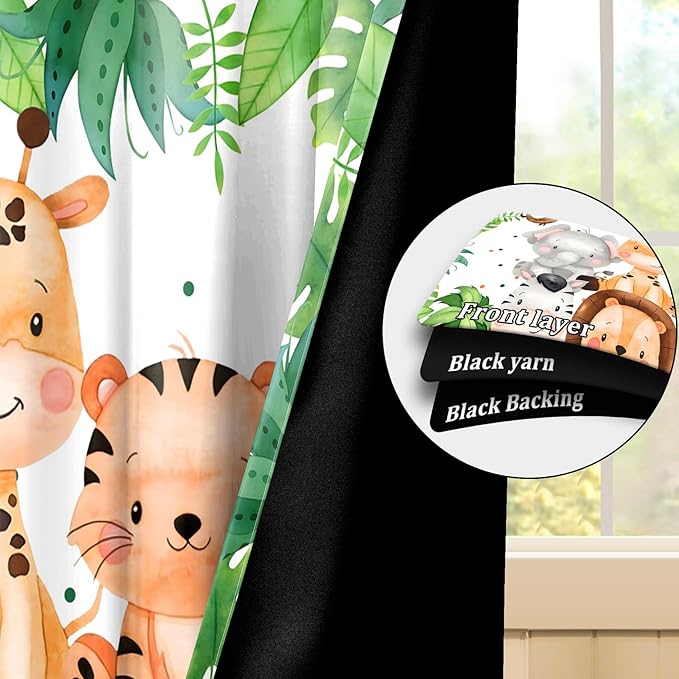 Renaiss 26 x 36 Inch Safari Animal Curtains for Kids Tropical Rainforest Lions Tigers Elephants Giraffes African Jungle Tree Green Leaf Print Window Drapes for Nursery Baby Bedroom Playroom 2 Panels