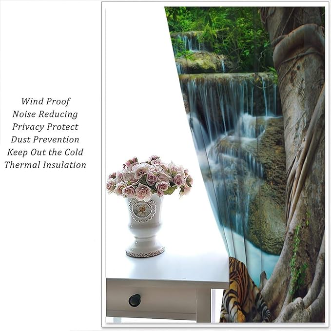 Waterfall Landscape Blackout Curtains, Spring Forest Animal Tiger Tree Waterfall Nature Window Drapes, for Bedroom Living Room 52" W X 84" L