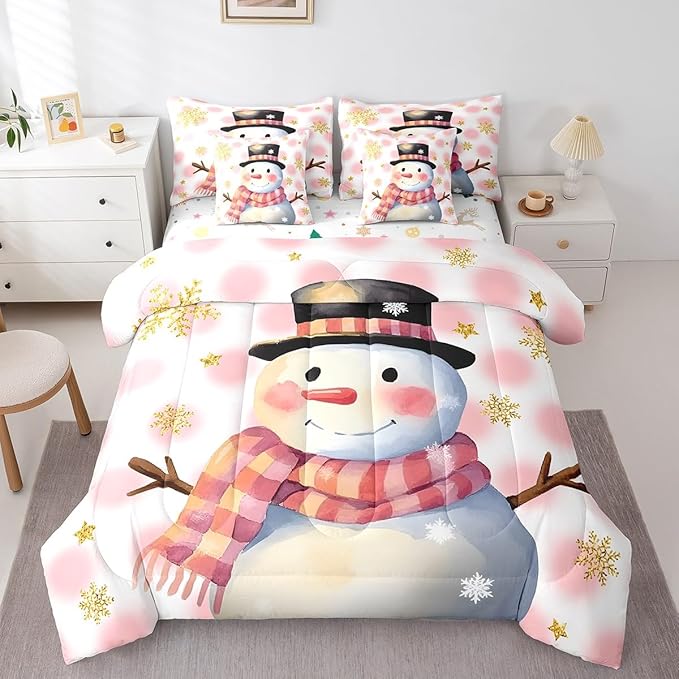 Feelyou Kids Merry Christmas Decorations King Size Bed Set Xmas Snowman Bed in a Bag Pink Bedding Set Soft Warm Lightweight Comforter Set with Sheets