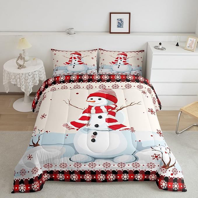 Kids Snowman Christmas Comforter Set Queen Size,Snowflake Romantic Bedding,Girls Boys Adults Bedroom/Xmas Cabin Decor,Geometric Grid Lattice Down Comforter,Rustic Farmhouse Duvet Insert,2 Pillowcases