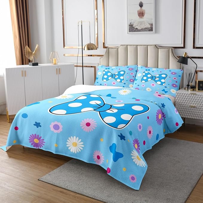 Manfei Blue Bowknot Kids Bedspread Queen Size,Daisy Flowers Geometric Dot Patchwork Coverlet Set,Girls Women Room Decor,Star Bow Tie Princess Quilted Coverlet,Cute Dreamy Bedding Quilt,2 Pillowcases