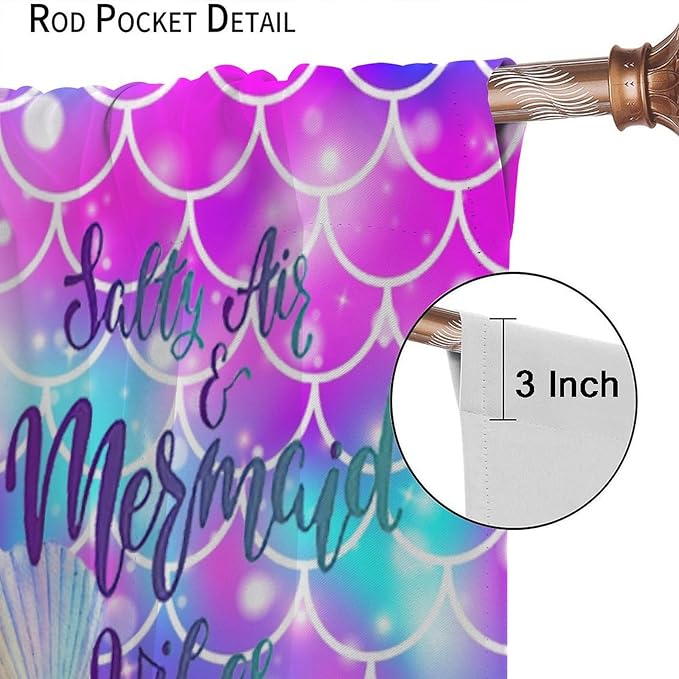 Dream Mermaid Curtains for Kids Boys Girls Ocean Theme Colorful Rainbow Fish Tail Blackout Window Treatment for Bedroom Nursery Room Decor Window Drapes 63" W X 72" L