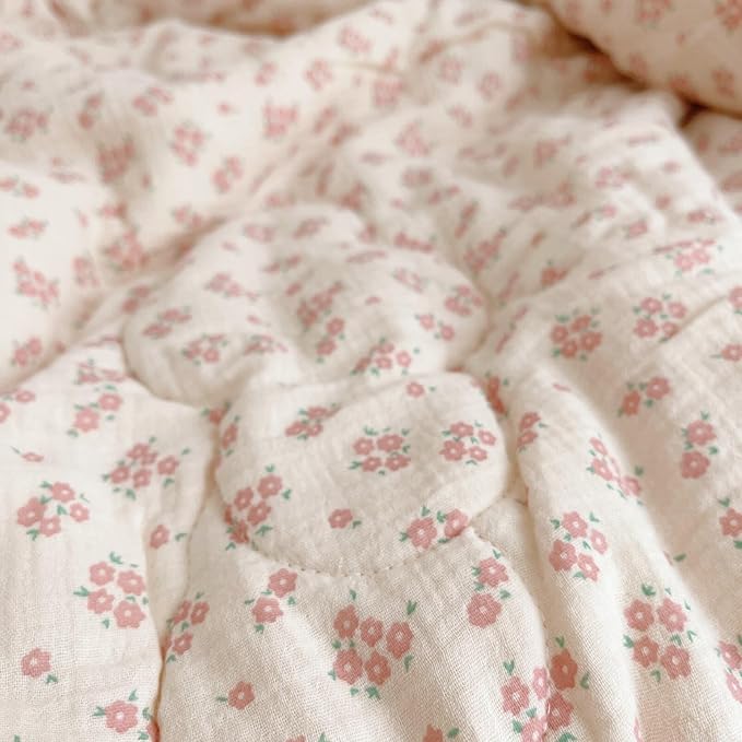 BuLuTu Toddler Quilted Blankets Muslin Cotton Kids Blanket Reversible Pink Floral Toddler Blanket for Stroller Travel Soft Lightweight Baby Quilt, Galsang Pattern, 60"x78"