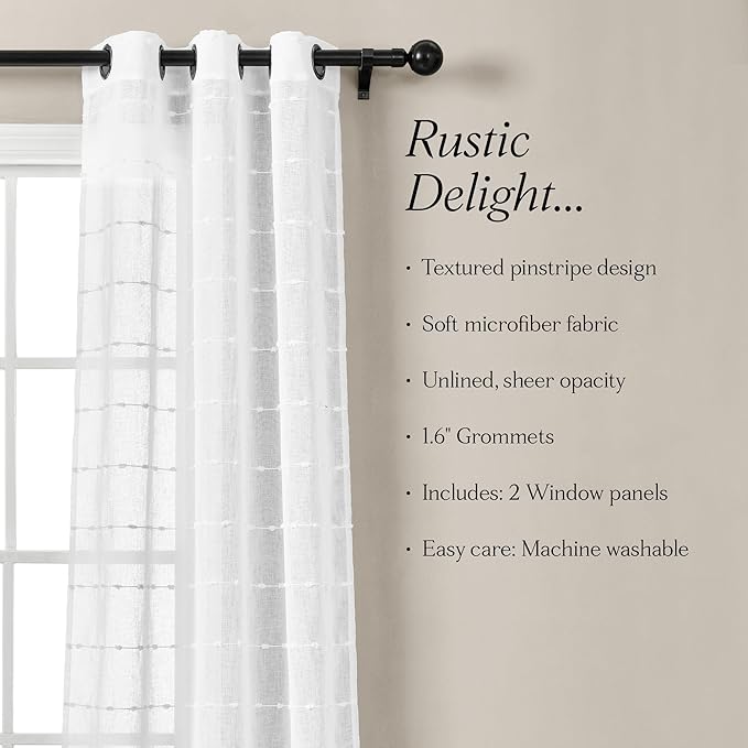 Lush Decor Farmhouse Textured Grommet Sheer Window Curtain Panel Pair, 38"W x 108"L, Bleach White
