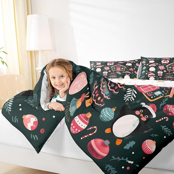 Feelyou Christmas Kids Comforter Set King Size Xmas Tree Ball Bedding Set Penguin Duvet Quilt for Kids Boys Girls Bedroom Gingerbread Houses Decor Microfiber Ultra Soft Breathable