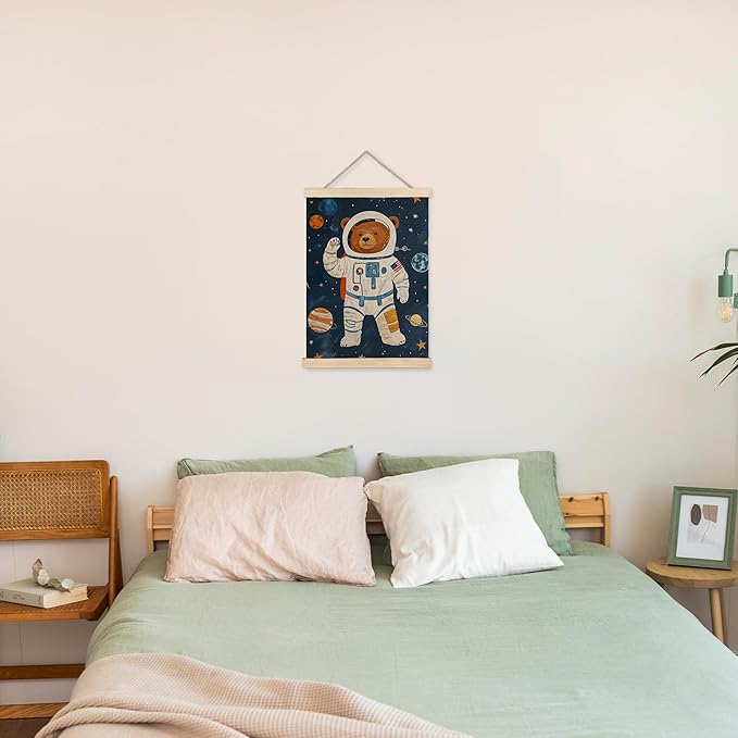 URLLUAE Astronaut Bear Space Wall Art Posters for Kids Room, Cute Outer Space Planet Poster Hanger Frame for Boys Bedroom Classroom Nursery Playroom Wall Decor, 12x16 Inch